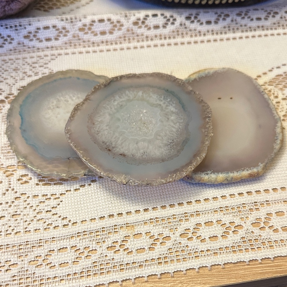 3 Polished Blue Grey Agate Geode Slice Coasters